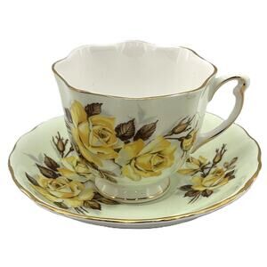 Colclough Bone China Tea Cup & Saucer Set Pattern A3 Yellow Rose Print Gold Trim